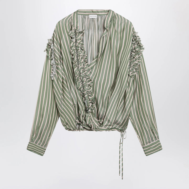 Dries Van Noten - Green striped wrap shirt in cupro