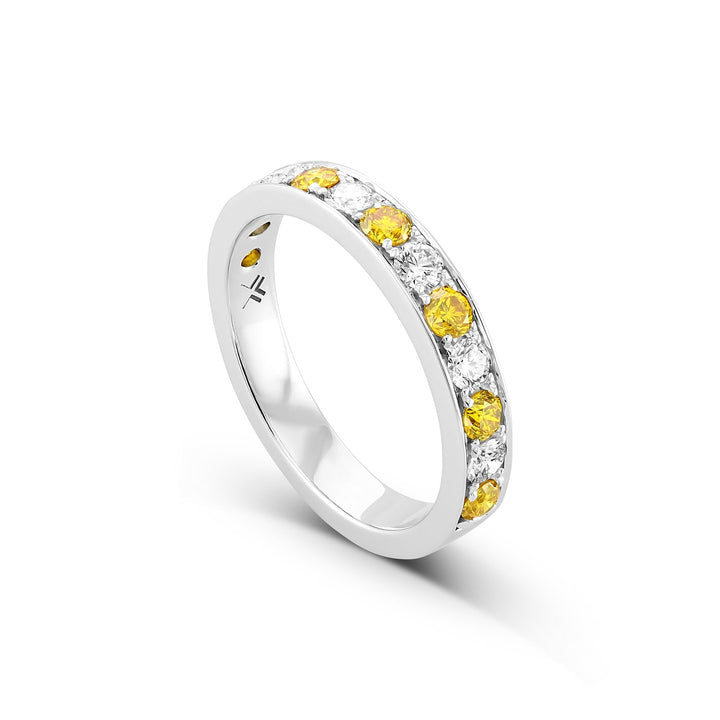 Leibish Fancy Vivid Orange Yellow and White Round Diamond Band Ring