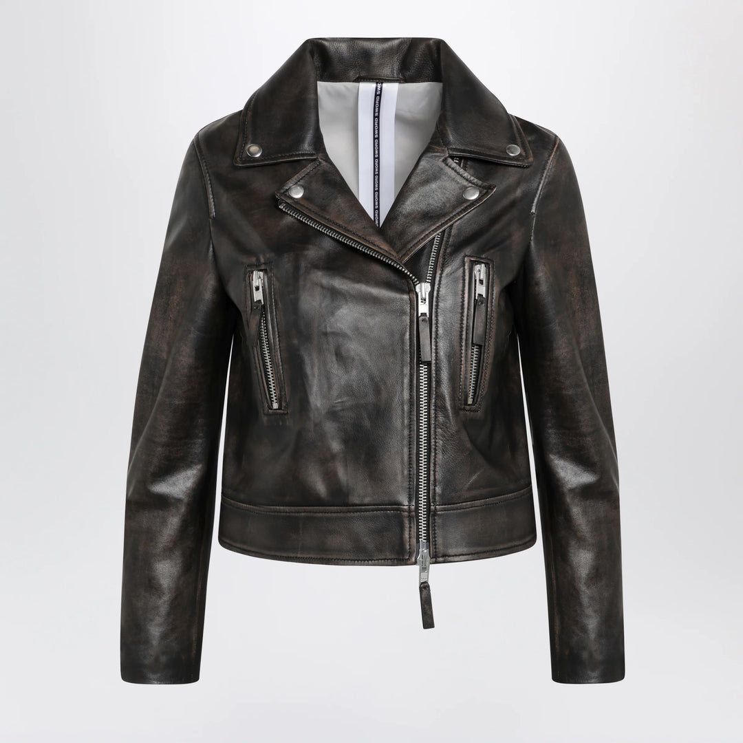 Sword 6644 - Black vintage-effect leather biker jacket