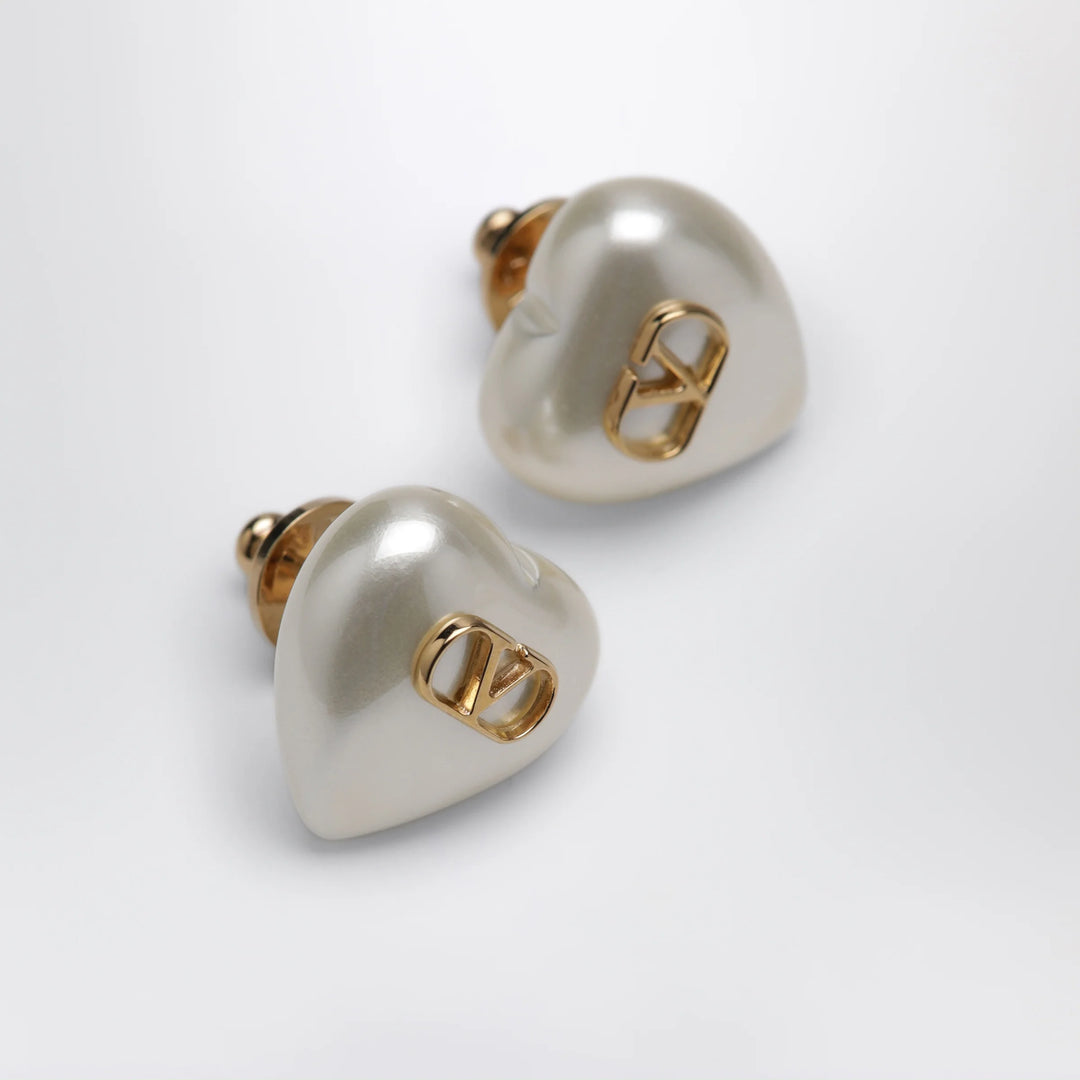 Valentino Garavani - VLogo Signature Earrings in Pearl and Gold/Cream Metal