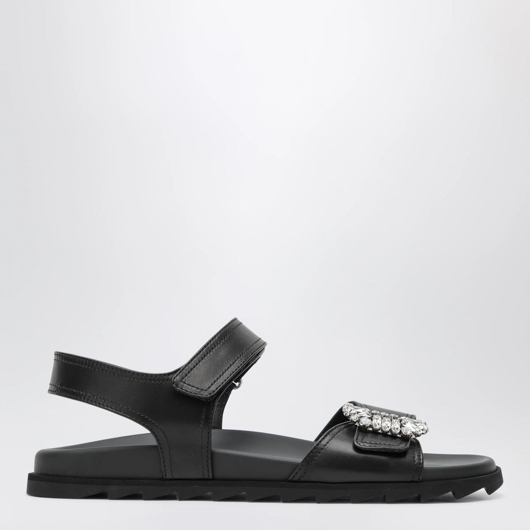 ROGER VIVIER - Black leather sandals with crystal buckle