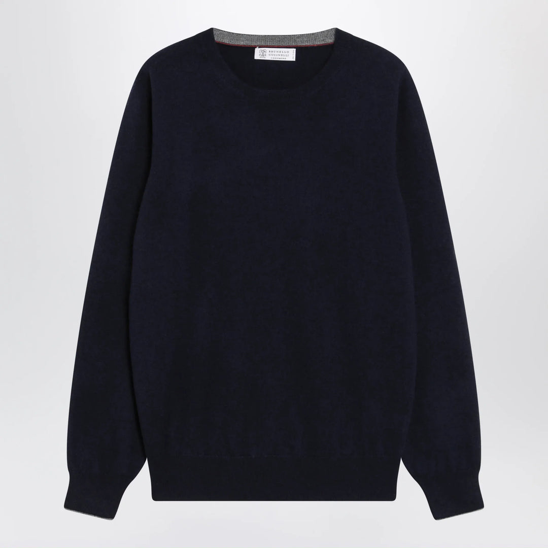 Brunello Cucinelli - Navy blue cashmere crewneck sweater with contrast trim Brand Apparel &amp; Accessories > Clothing > Shirts &amp; Tops