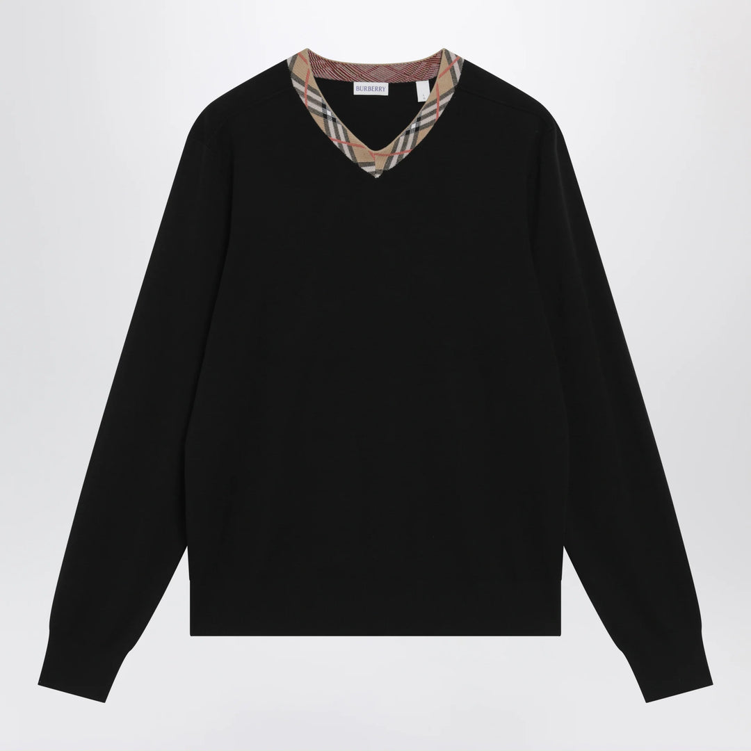 Burberry - Black wool sweater with Check motif neckline Brand Apparel & Accessories > Clothing > Shirts & Tops S