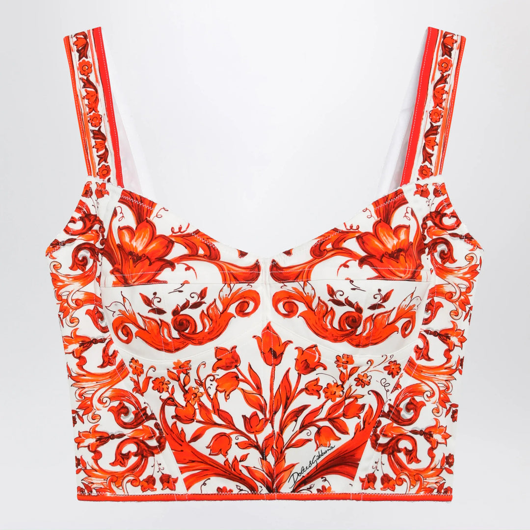 Dolce&amp;Gabbana - Maiolica-print charmeuse bustier top in orange Brand Apparel &amp; Accessories > Clothing > Shirts &amp; Tops 40  IT