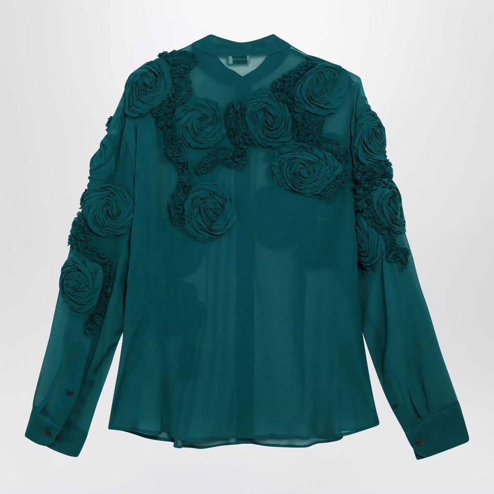 Dries Van Noten - Petrol green shirt with raised rose details Brand Apparel & Accessories > Clothing > Shirts & Tops