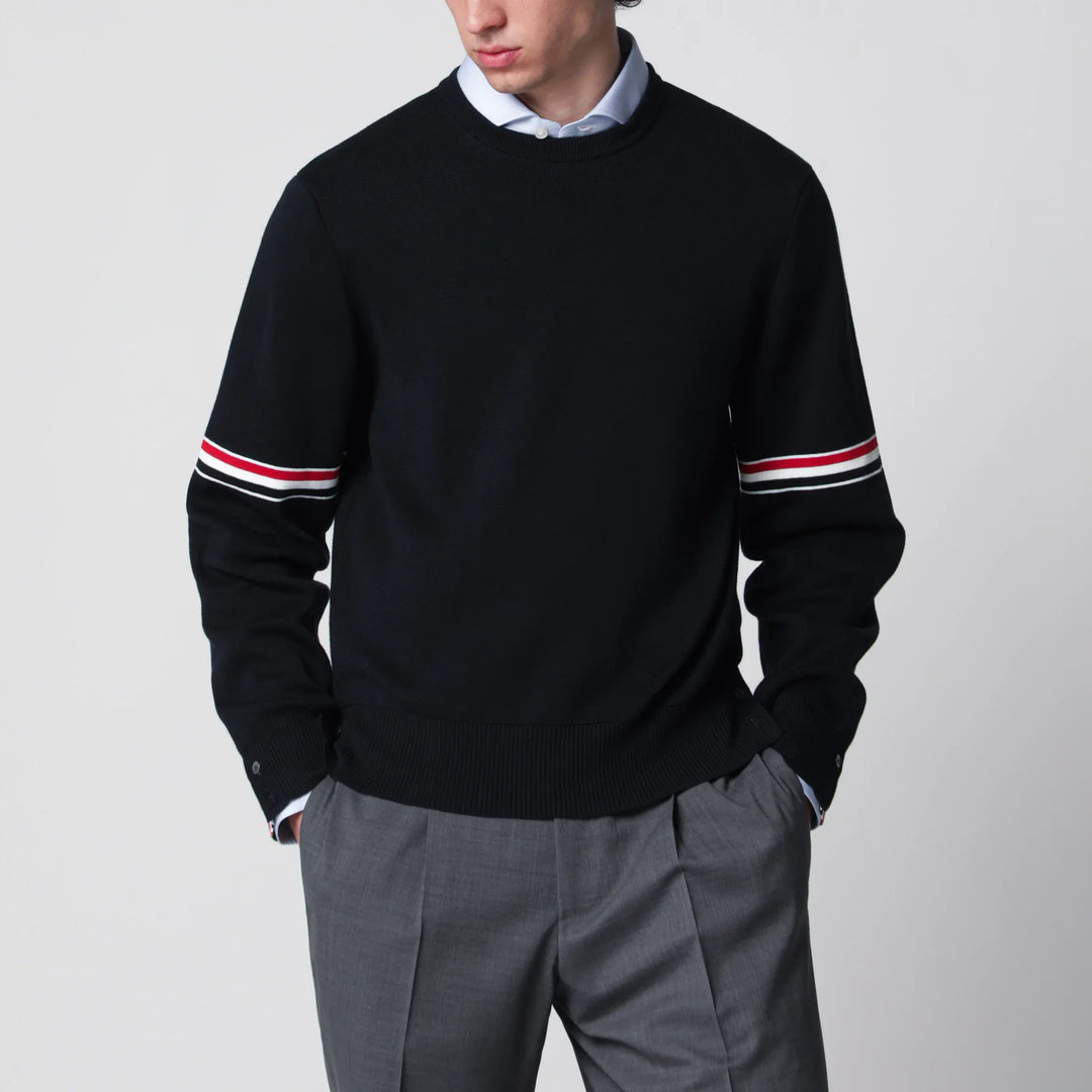 Thom Browne - Navy blue cotton sweater with tricolor details Brand Apparel & Accessories > Clothing > Shirts & Tops 2