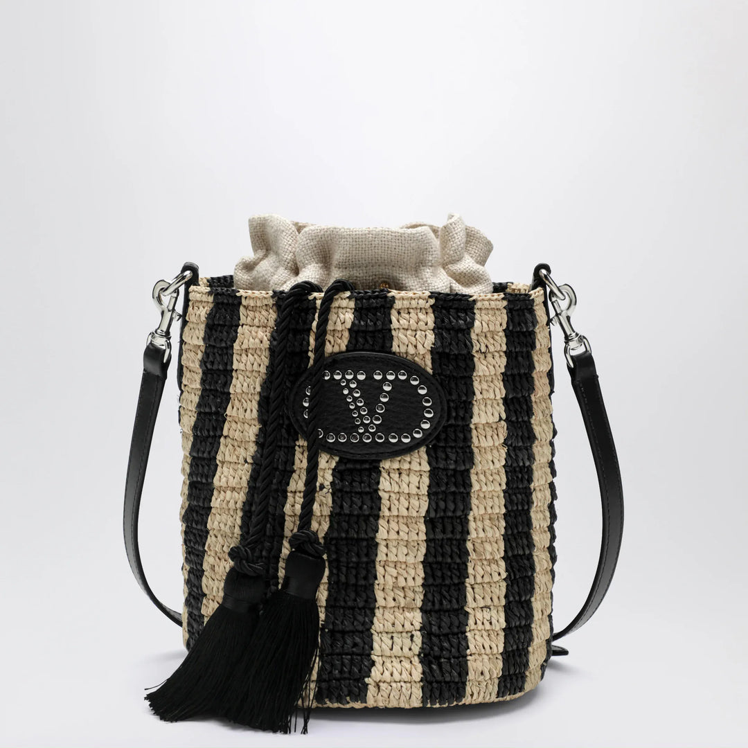 Valentino Garavani - Small bucket bag in raffia with beige and black stripes Brand Apparel & Accessories TU