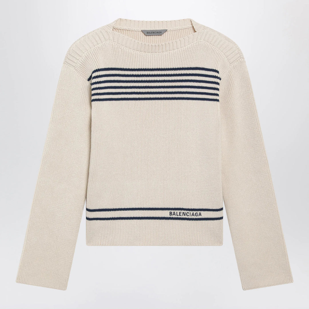 Balenciaga - Boat-neck ribbed cotton sweater in navy/white Brand XS