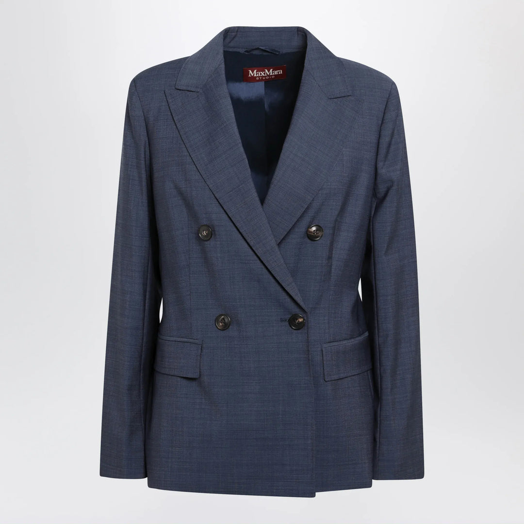 Max Mara Studio - Double-Breasted Jacket in Denim Blue Wool Canvas Brand Coats &amp; Jackets 40  IT