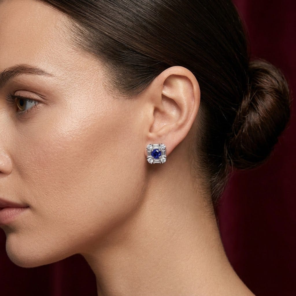 LEIBISH Blue Round Sapphire &amp; Diamond Halo Stud Earrings Brand Earrings