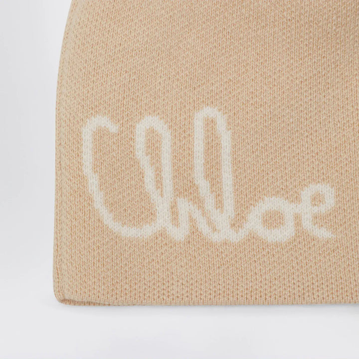 Chloé - Beige pom-pom beanie with logo Brand Hats