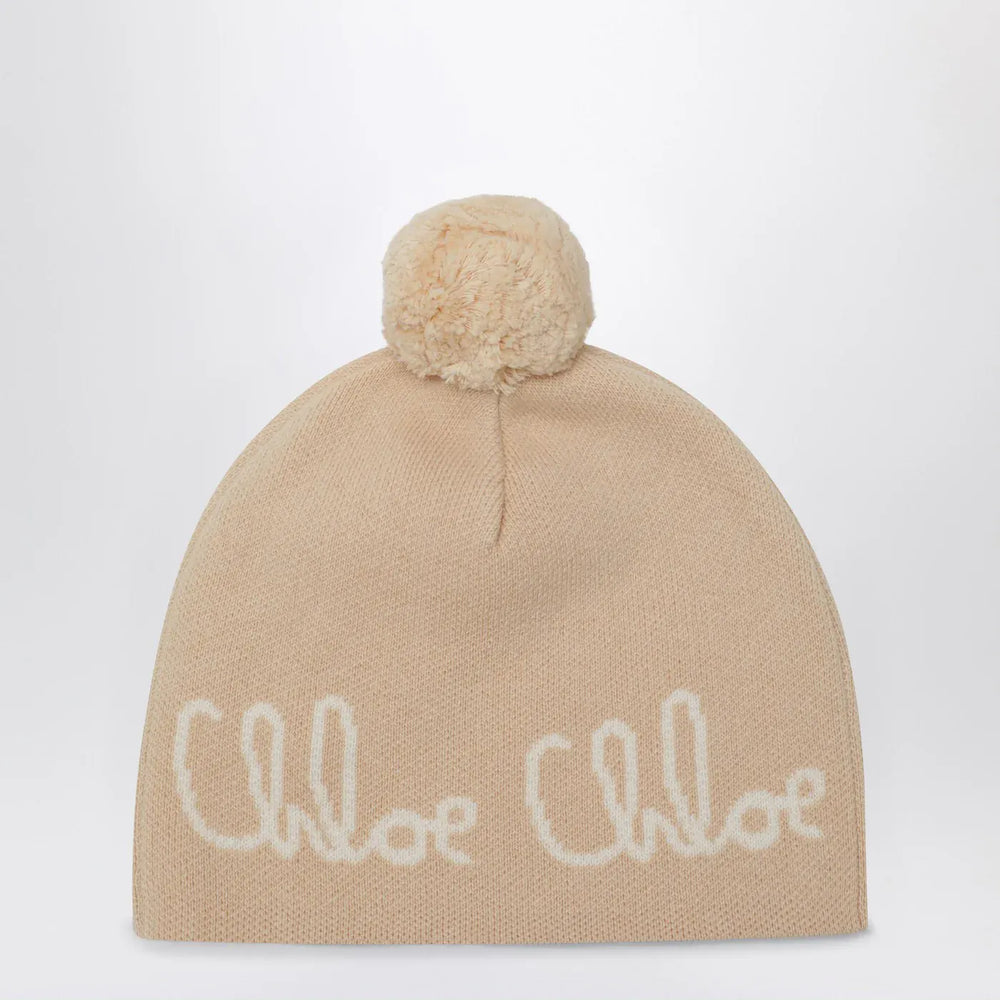 Chloé - Beige pom-pom beanie with logo Brand Hats T2