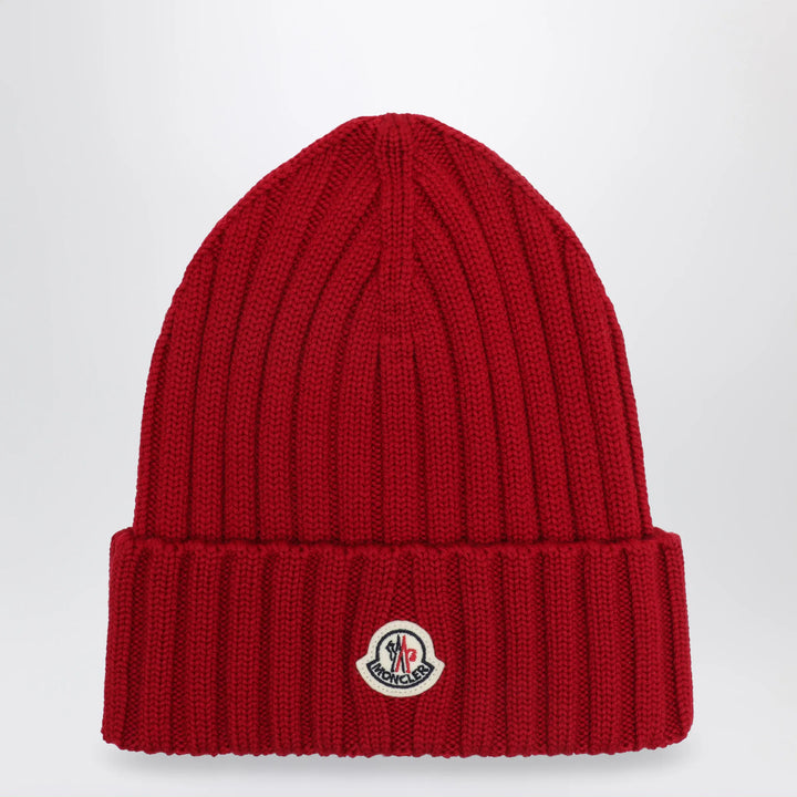 Moncler - Cable-knit wool beanie with logo in burgundy Brand Hats U