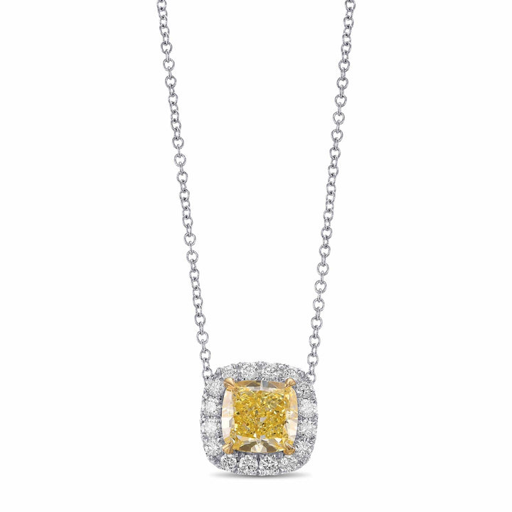 LEIBISH 1.12ct Fancy Intense Yellow Cushion Diamond Halo Pendant Brand Necklace