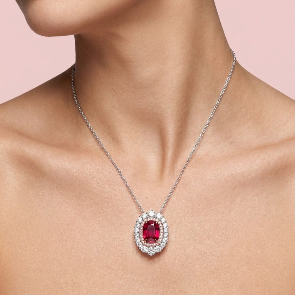 LEIBISH 2.29ct Pigeon Blood Ruby Double Halo Pendant Brand Necklace
