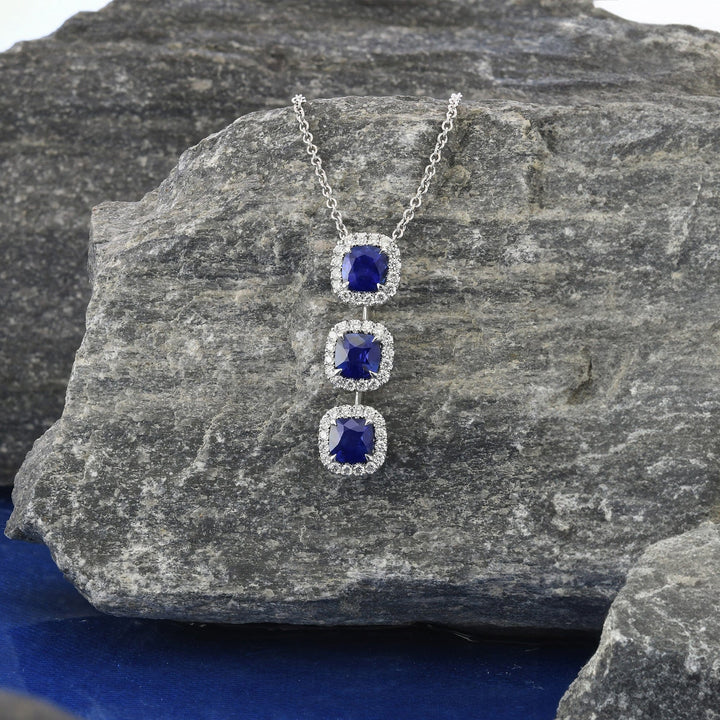 LEIBISH Blue Sapphire Cushion Three-Stone Diamond Halo Pendant Brand Necklace