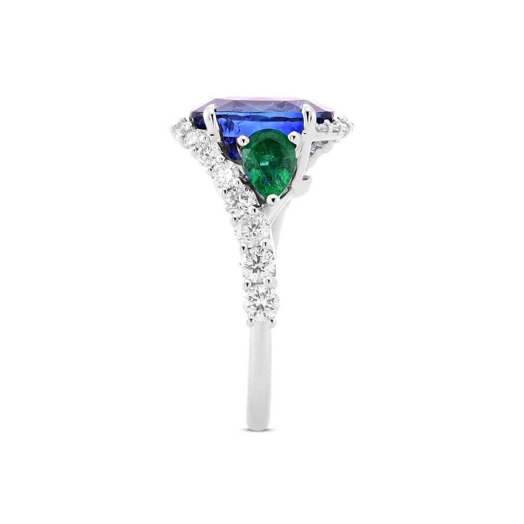 LEIBISH Royal Blue Sapphire, Pear Emerald &amp; Diamond Couture Ring Brand Ring