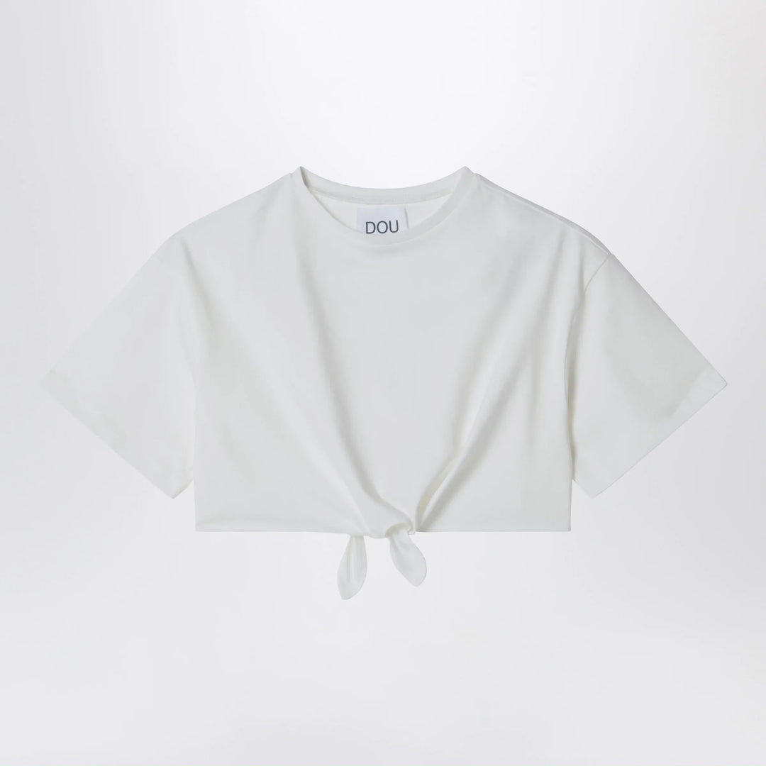 Douuod - Ivory cropped T-shirt with knot detail Brand Shirts &amp; Tops 12