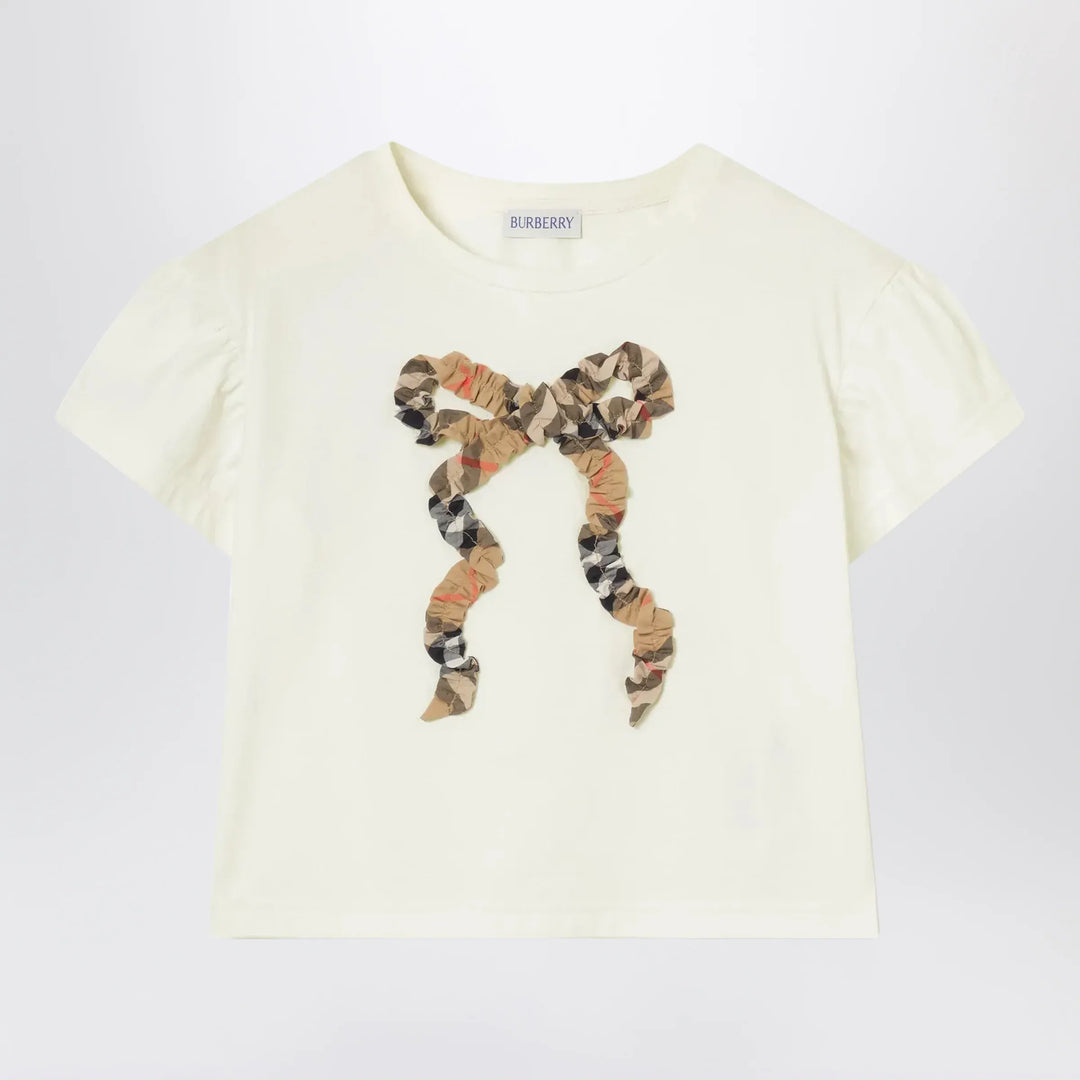 Burberry - Chalk white T-shirt with bow with Checked pattern Brand T-Shirt 4Y