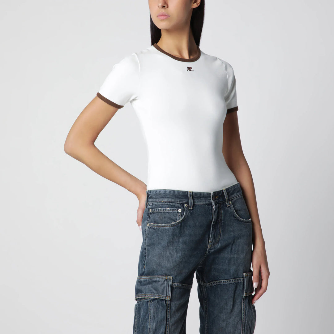 Courrèges - White/Brown cotton T-shirt with contrast crew neck Brand T-Shirt S