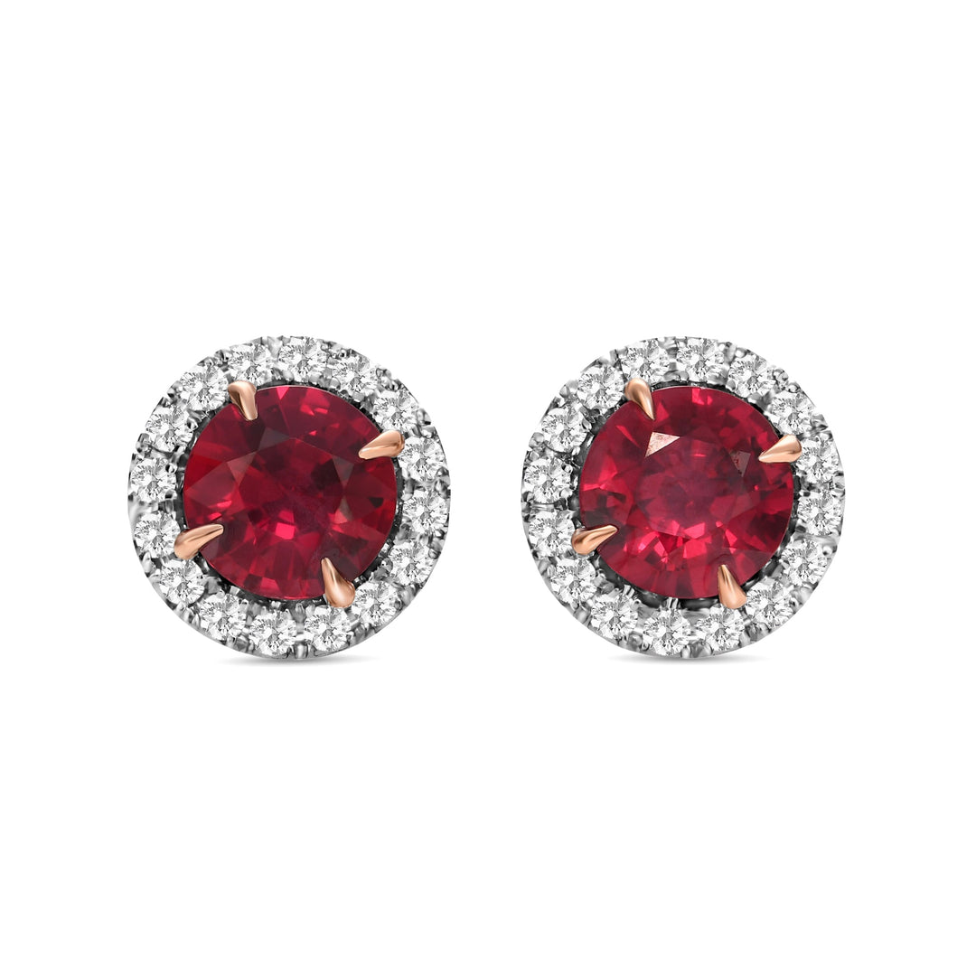 Leibish Round Red Ruby and Diamond Halo Earrings